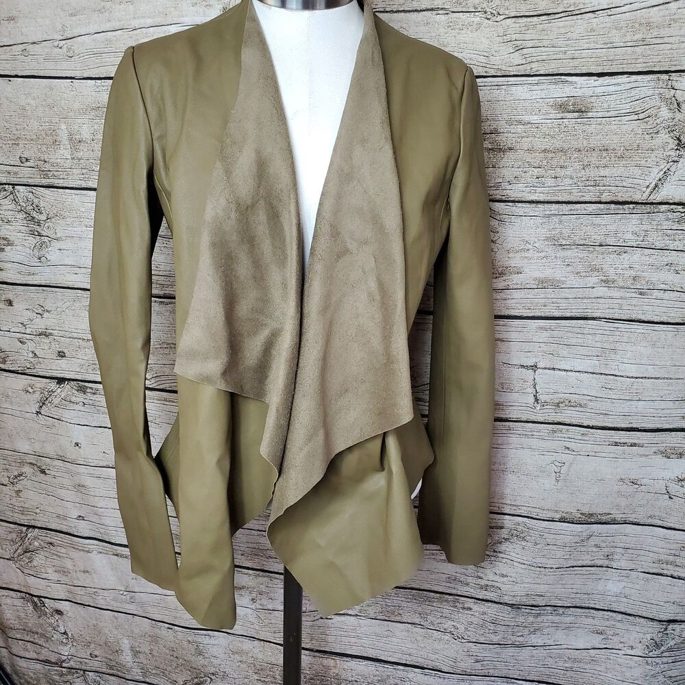 Zara Basics Olive Army Green Faux leather Jacket Open Draped Front  Blazer Small